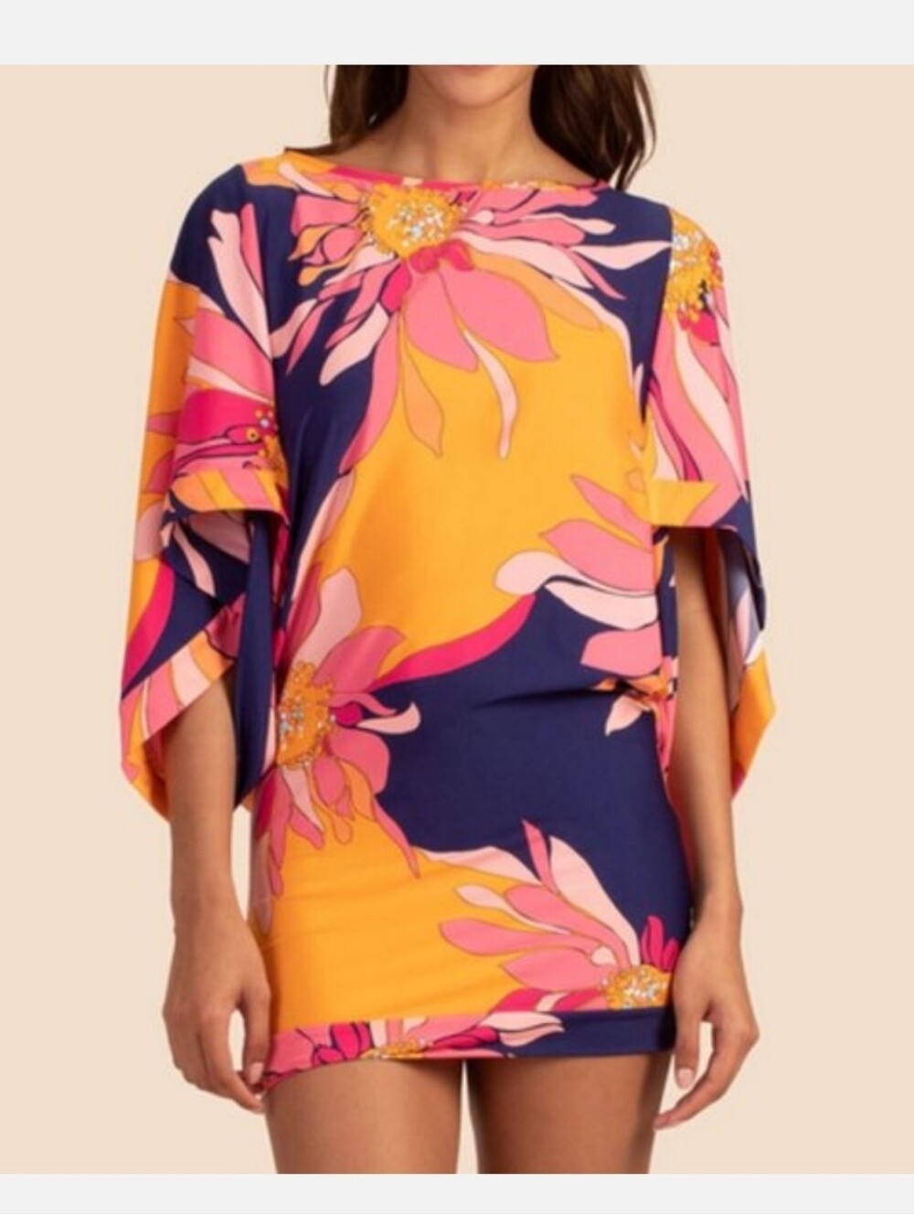 Trina Turk Bold Floral Boatneck Tunic Top/Dress in Orange & Navy EUC